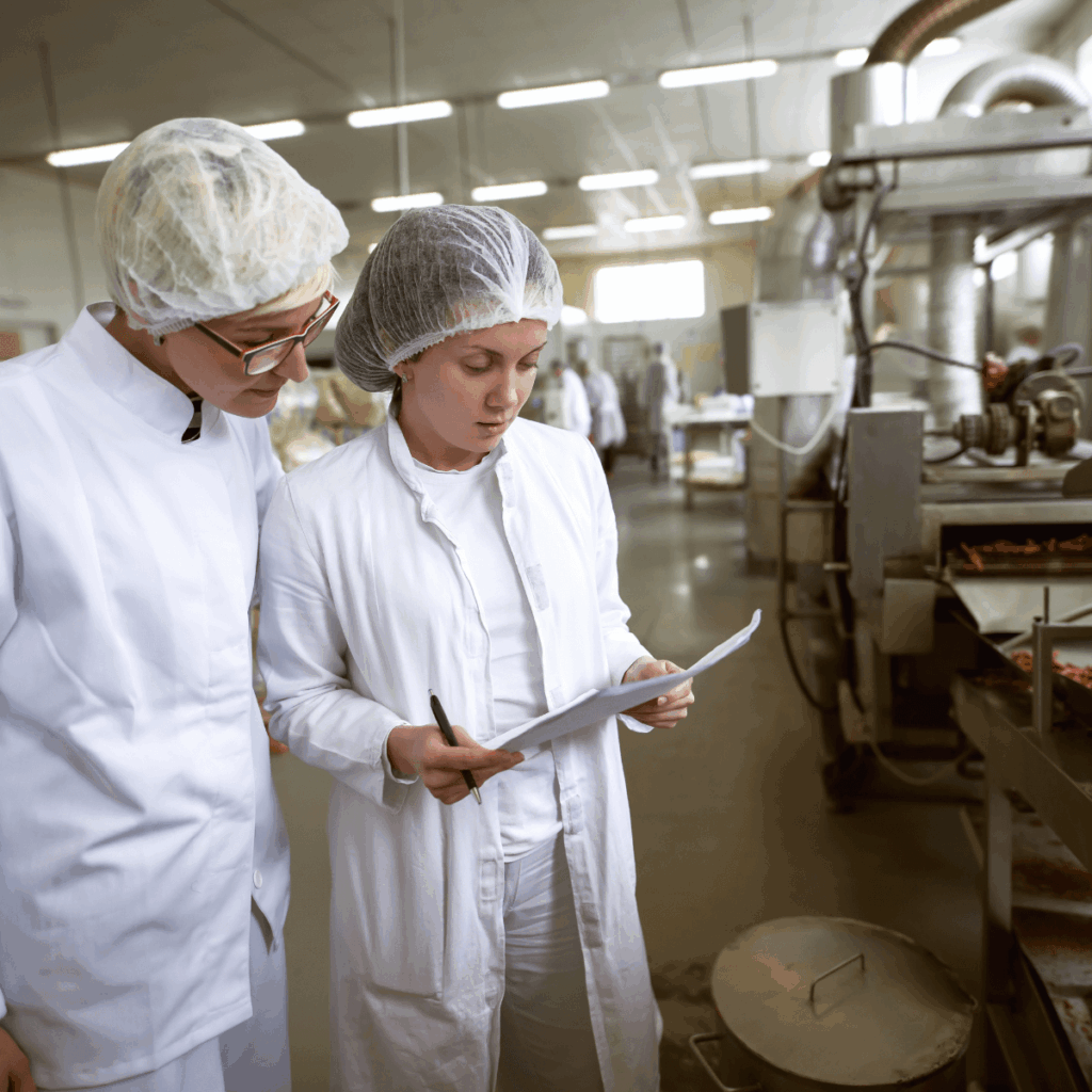 Zwei Qualitätsmanagerinnen in weißen Kitteln und Haarnetzen prüfen ein Protokoll auf einem Klemmbrett in einer Produktionsanlage.