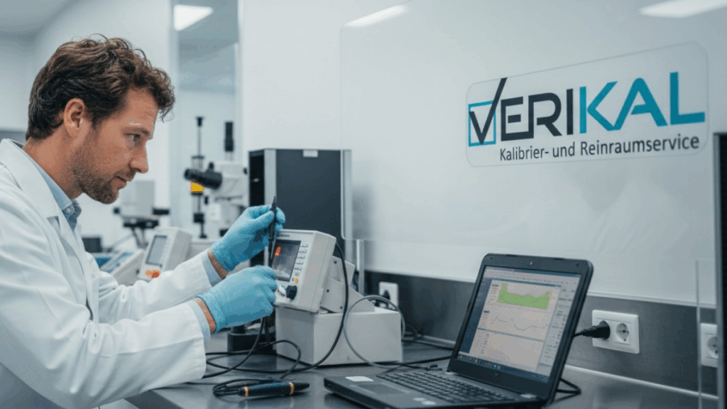 Verikal Experte im Laborkittel führt eine Kalibrierung an einem Messgerät durch, um die metrologische Rückführbarkeit und Audit-Konformität sicherzustellen. Im Hintergrund ist das Logo "VERIKAL Kalibrier- und Reinraumservice" sichtbar.